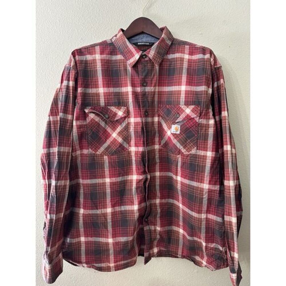 Carhartt Shirt Mens 2XL Relaxed Fit Rugged Flex Red Orange Plaid Button Up